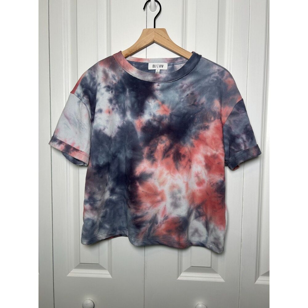 OLI | VIV Coral and Navy Tie Dye Cuffed Crop Top Size Large